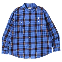 A Bathing Ape Men Bape Logo Check Loose Fit Shirt (blue)