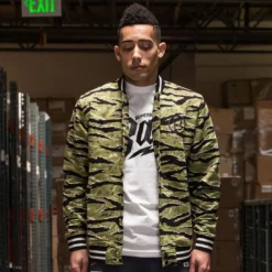 BAIT Basics Baseball Jacket (camo / Tiger Camo / Black) -Marvia Wear Sales Store varsity tigercamolongfront